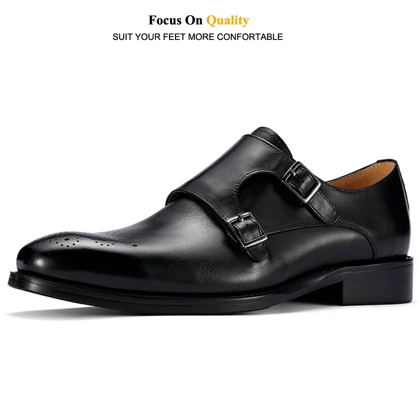 Top Quality Genuine Leather Men's Oxfords Pointed Toe Monk Straps Man Goodyear Flats Summer Height Increase 6cm Male Shoes MLT63