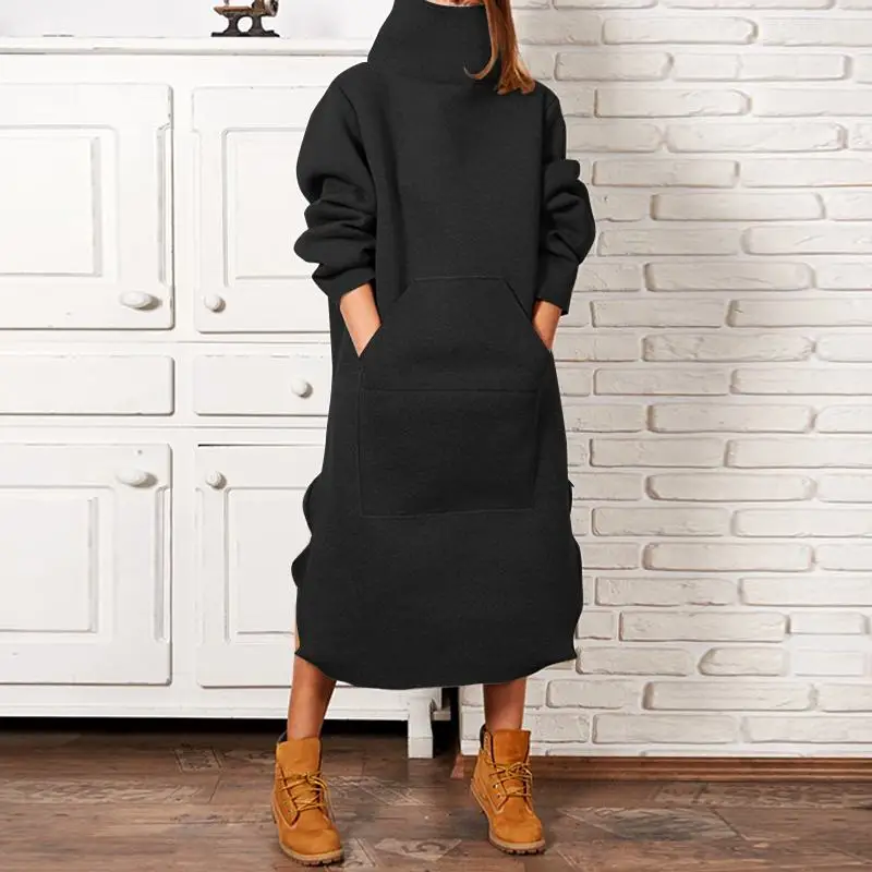 ZANZEA, женское платье с высоким воротом, повседневное, мешковатое, женское, Осень-зима, платья миди, однотонный пуловер, Vestidos, платья с боковыми карманами - Цвет: Черный