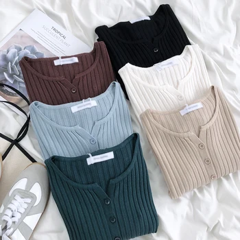 

Yeeloca Winter Simple Pit Stripe Knitted Sweater Girl's Casual O-neck Single-breasted Coat Korean Sweet Versatile Short Sweater