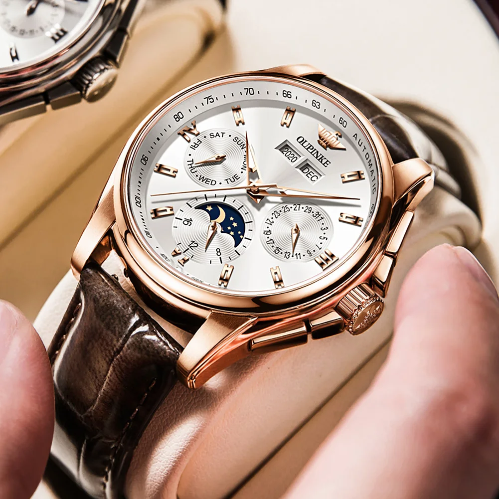 OUPINKE Men Watch Mechanical Luxury Automatic Watches Leather Sapphire Waterproof Sports Moon Phase Wristwatch Montre homme