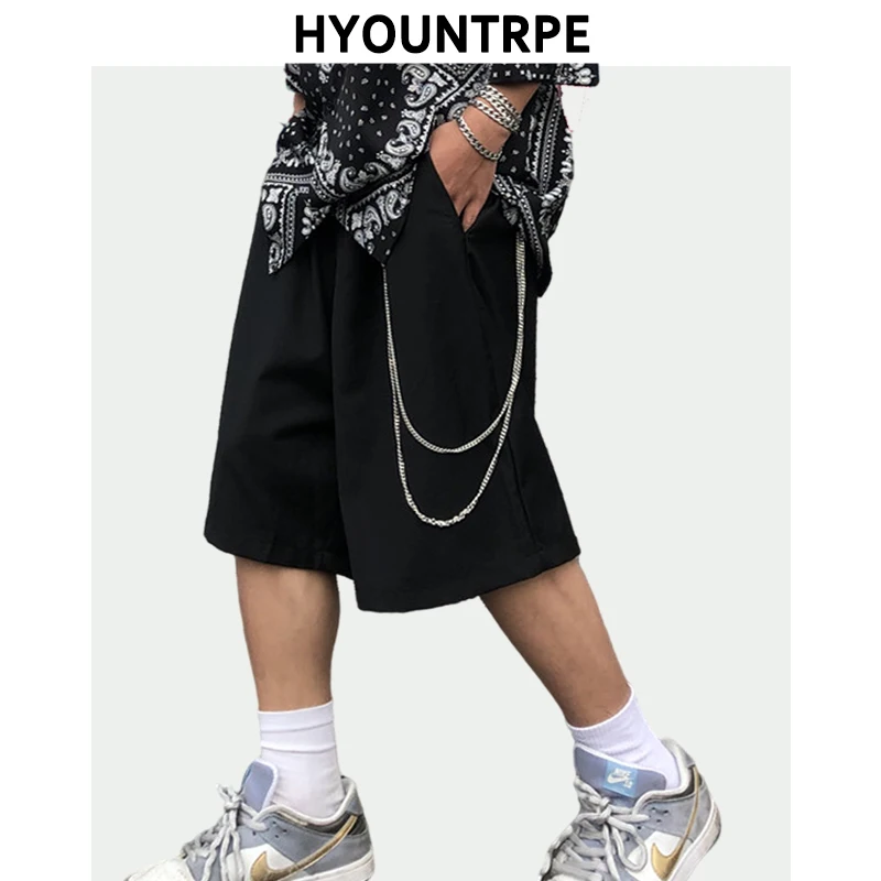 Mens Shorts Summer Casual Black Zipper Elastic Waist Straight Short Pants with Chain New Hip Hop Streetwear Loose Shorts Joggers