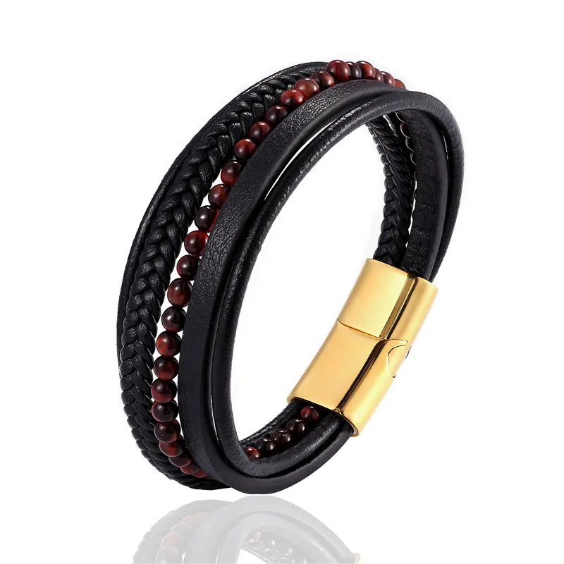 MKENDN Fashion Male Jewelry Braided Leather Bracelet Red Tiger Eye Beads Bracelet Black Stainless Steel Magnetic Clasps Men Wris