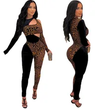 

Sexy Women Jumpsuit Print Leopard Hollow Out Full Sleeve Bodycon Streetwear Long Romper Women Jumpsuit Overalls
