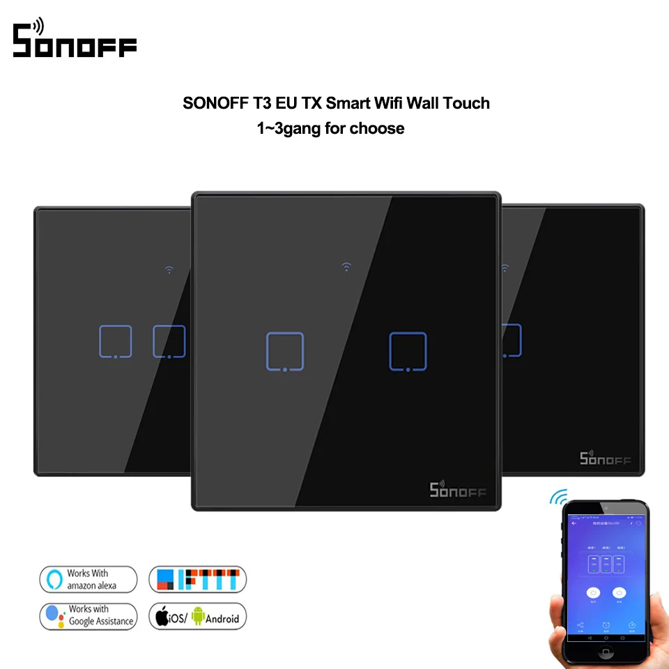 Sonoff T3 ЕС черный умный Wifi настенный сенсорный выключатель 1 2 3 банды 433 RF переключатель с дистанционным управлением Поддержка Alexa Google home умный дом