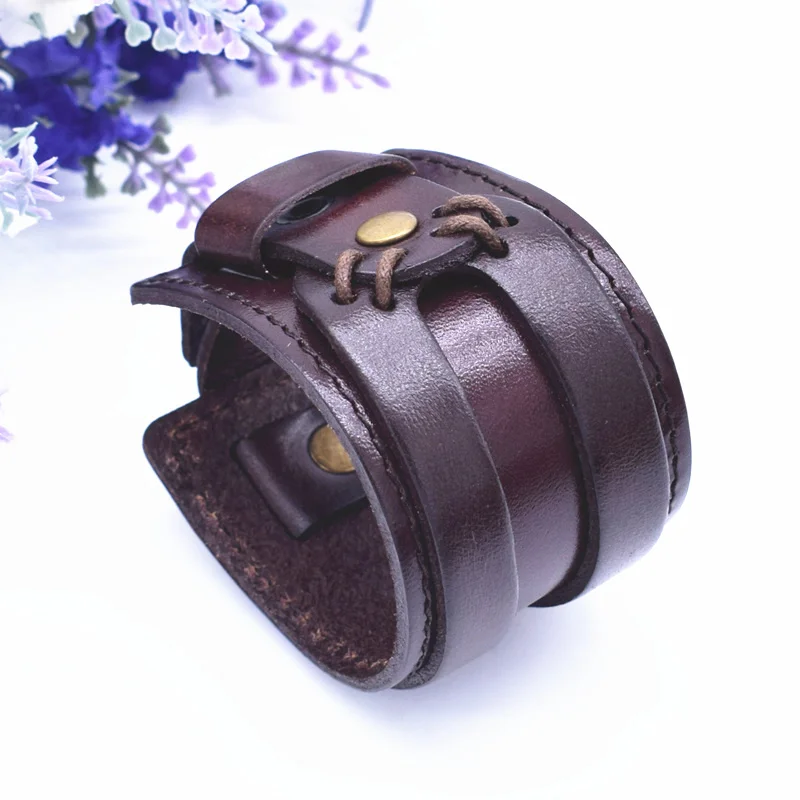 Leather Bracelet Punk Adjustable Button Cuff for Men