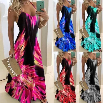 

Women Long Dress Summer Beach Printing Dresses Vintage Slim Flower Print Dress Sexy Spaghetti Strap Sleeveless Plus Size 5XL
