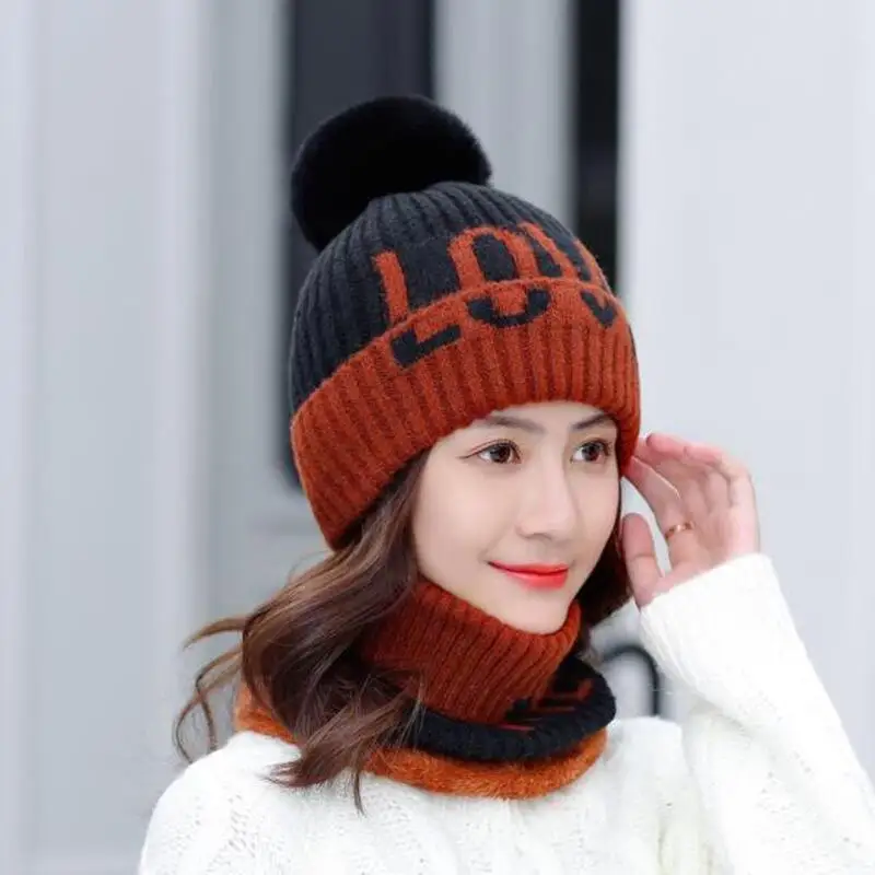 Женская зимняя шапка бини шарф набор с надписью Love Толстая теплая вязаная шапка с помпоном верхняя одежда спортивная Лыжная зимняя повседневная Корейская шапка и снуд