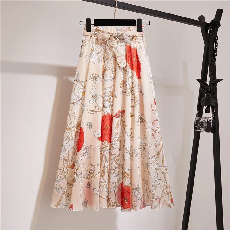 hoop skirt TFETTERS 22 Color Chiffon Floral Long Skirt Spring/summer 2020 New Bohemian Skirt  Long High Waist Beach Skirt Womens Clothing white denim skirt