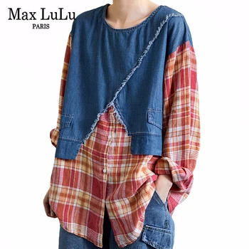 

Max LuLu New 2020 Spring Korean Fashion Designer Ladies Denim Patchwork Tops Womens Casual Plaid Shirts Loose Oversized Blouses