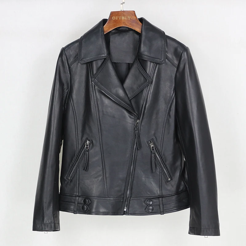 

OFTBUY 2020 Casual Spring Jacket Women Black Genuine Leather Zipper Real Sheepskin Coat Moto&bikerTurn-down Collar Outerwear