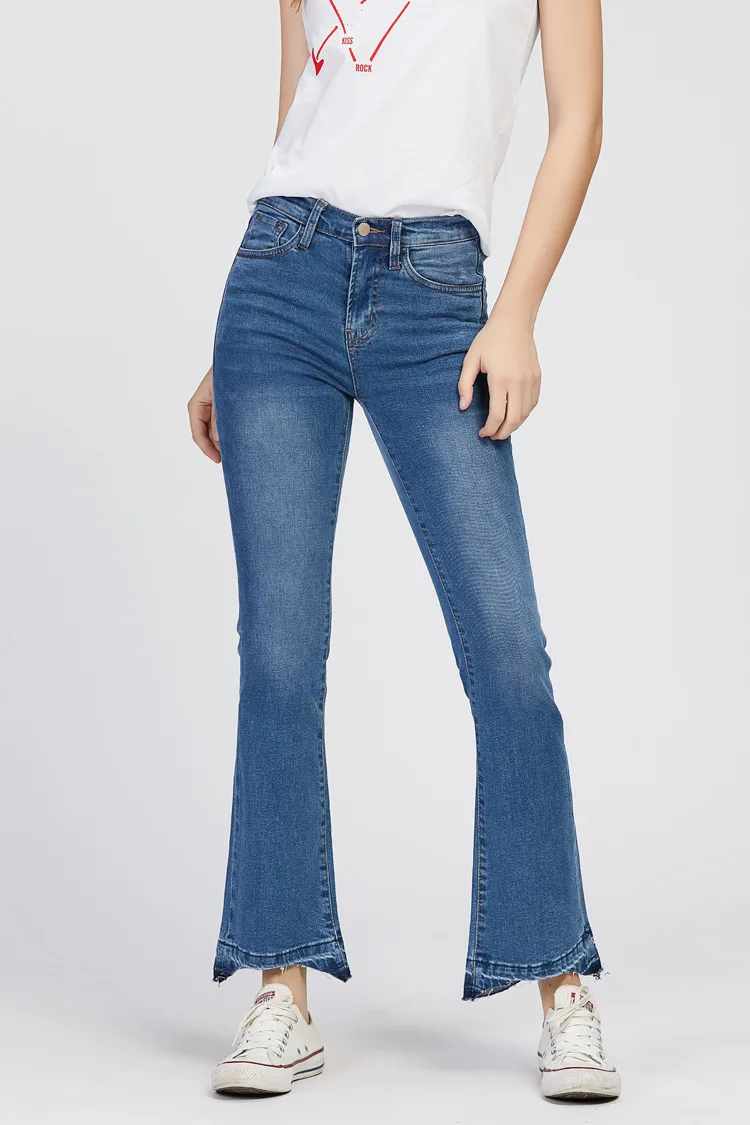 

High Waist Blue Flare Pants Stretch Jeans Pants Women Washed Pockets Trouser