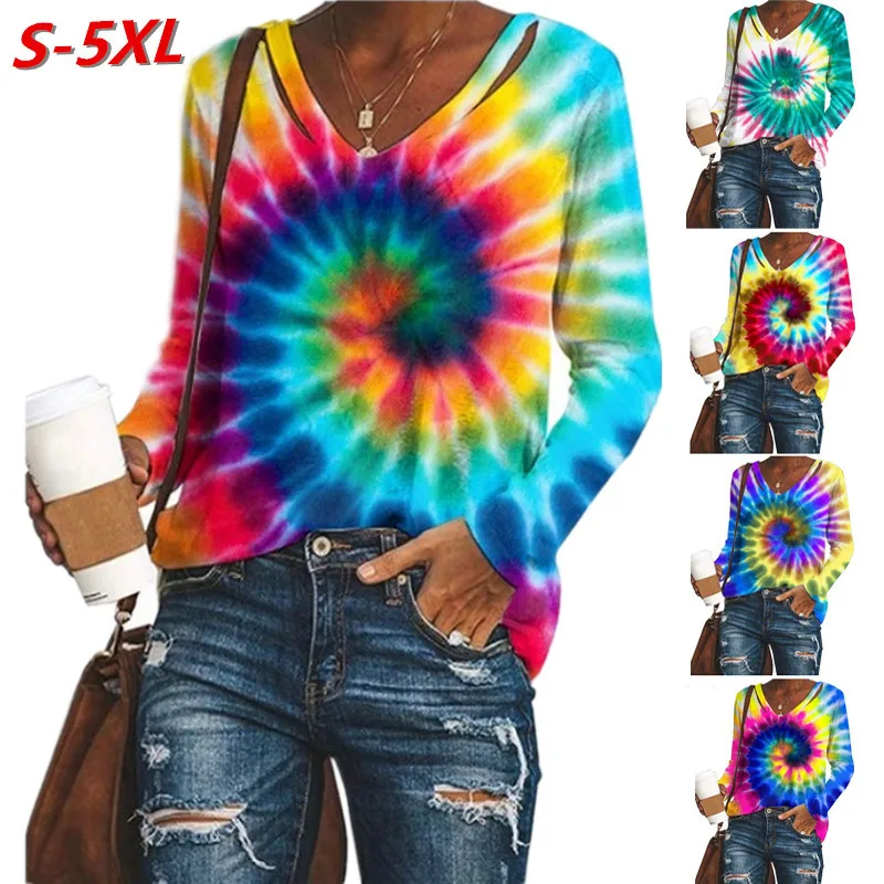 

Whirlpool Print Blusas Feminina Woman Clothes 2020 Tie Dye Tee Shirt V Neck Casual Streetwear Women Top Autumn Graphic T shirts