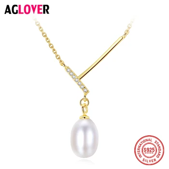 

AGLOVER Luxury Brand Real 925 Silver Necklace Natural Freshwater Pearl Pendant Necklace Chain Women Noble Jewelry Female Gift