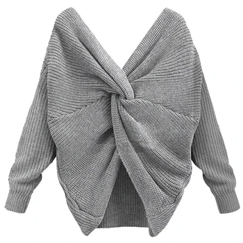 

5 colors V Neck Twisted Back Sweater Women Jumpers Autumn Pullovers Casual Tops Long Sleeve Knitted Sweaters pull femme