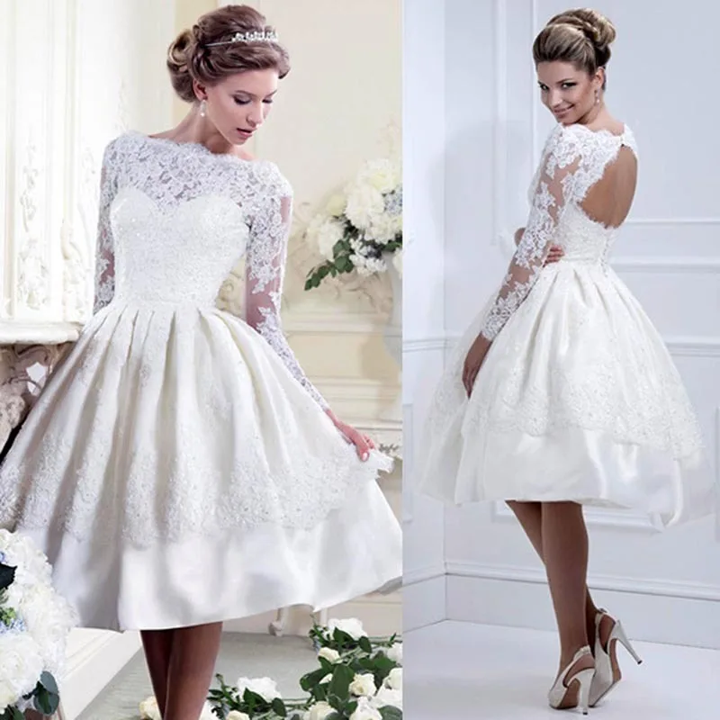 

BacklakeGirls New White A Line Evening Dresses Full Sleeves For Bride Boat Neck Appliques Lace Decor For Formal Weddings Party