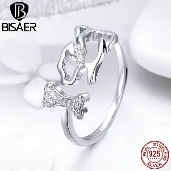 

BISAER Silver Ring Authentic 925 Sterling Silver Lovely Dog and Bone Open Finger Rings for Women Fashion Jewelry HSR416