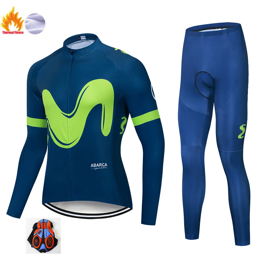 Мужской зимний термо велосипедный комплект одежды Movistar длинный рукав Велоспорт Джерси Набор Ropa Ciclismo мотобайк; велорубашка велосипедная одежда - Цвет: Winter suit