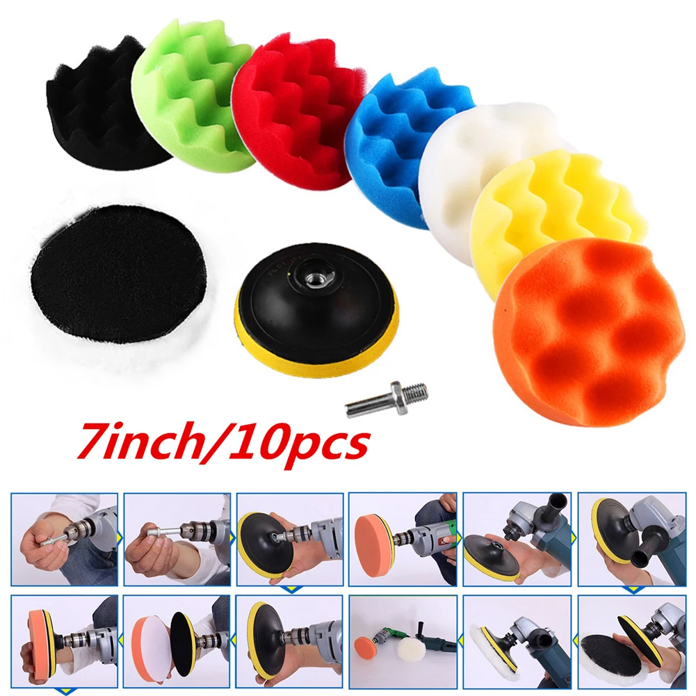 10pcs Power Tools Drill Adaptor 7 Inch Clean Sponge Buffing Reusable Polisher Waxing Polishing Pad Set Car Easy To Replace Auto