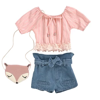 

1-5y Children Summer Clothing 2pcs Toddler Baby Kids Girls Off Shoulder T-shirts Tops & Denim Shorts Outfits New