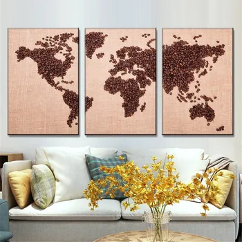 

3 Panels Coffee Bean Abstract World Map Canvas Paintings Creative Canvas Print Wall Art Map Picture for Coffee Shop Home Decor