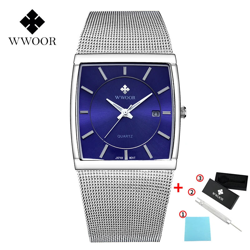 blue WWOOR Топ бренд Нержавеющая сталь сетка мужские часы квадратные часы Мужские кварцевые часы водонепроницаемые деловые мужские наручные часы подарок для мужчин - Цвет: blue