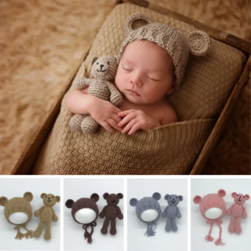 Newborn Photography Props Baby Hats Creative Bear Toys Woolen Yarn Big Ears Hats Infant Shoot Accessories Baby Photo Decorations