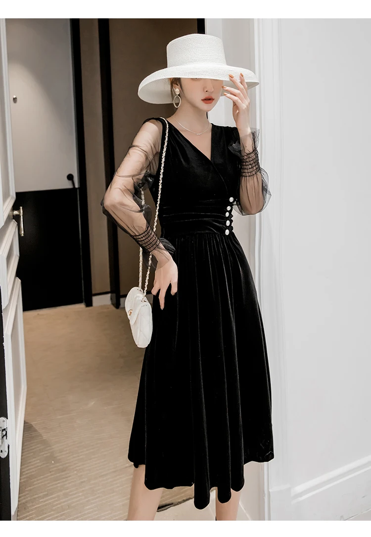 vintage christmas dress women high fashion clothing velvet party patchwork mesh dress wrap v neck long sleeve a line dresses
