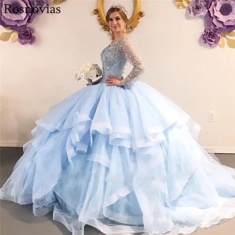 

Light Blue Ball Gown Quinceanera Dresses 2020 Jewel Long Sleeves Lace Appliques Prom Party Gowns For Sweet 16 Vestido de 16 anos