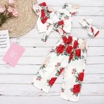 

New Baby Girls Gorgerous Suit Short-sleeved T-shirt Top Flower Printed Long Pants And Headband Children Girls Three-piece Suit