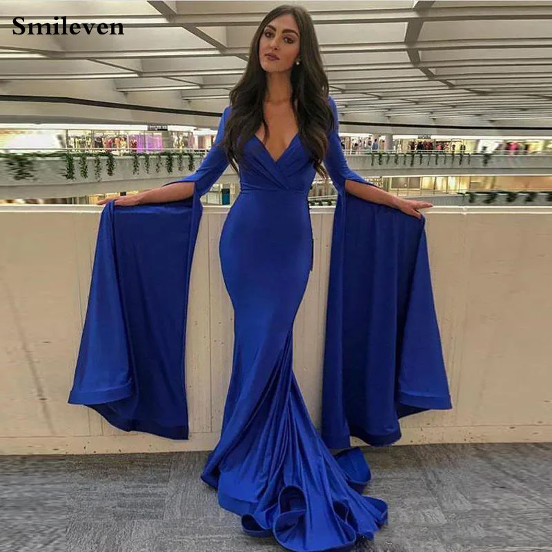 

Smileven Sexy Mermaid Evening Gown Deep V Neck Arab Prom Dresses Long Sleeve Party Gowns Robe De Soire