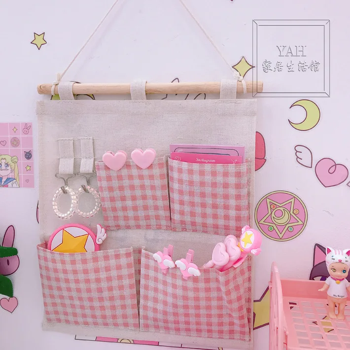 

Small Fresh Powder Lattice Wall Multi-functional Sundry Storage Bag Hanging Bag Students Dormitory Pink Sorting Storage Bags