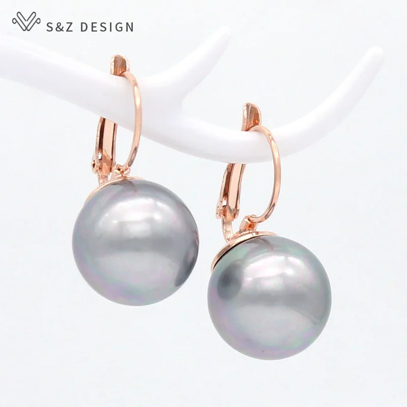 S&Z DESIGN New Fashion Big Round Imitation Pearl Beeswax Dangle Earrings For Women Jewelry 585 Rose Gold Color Eardrop