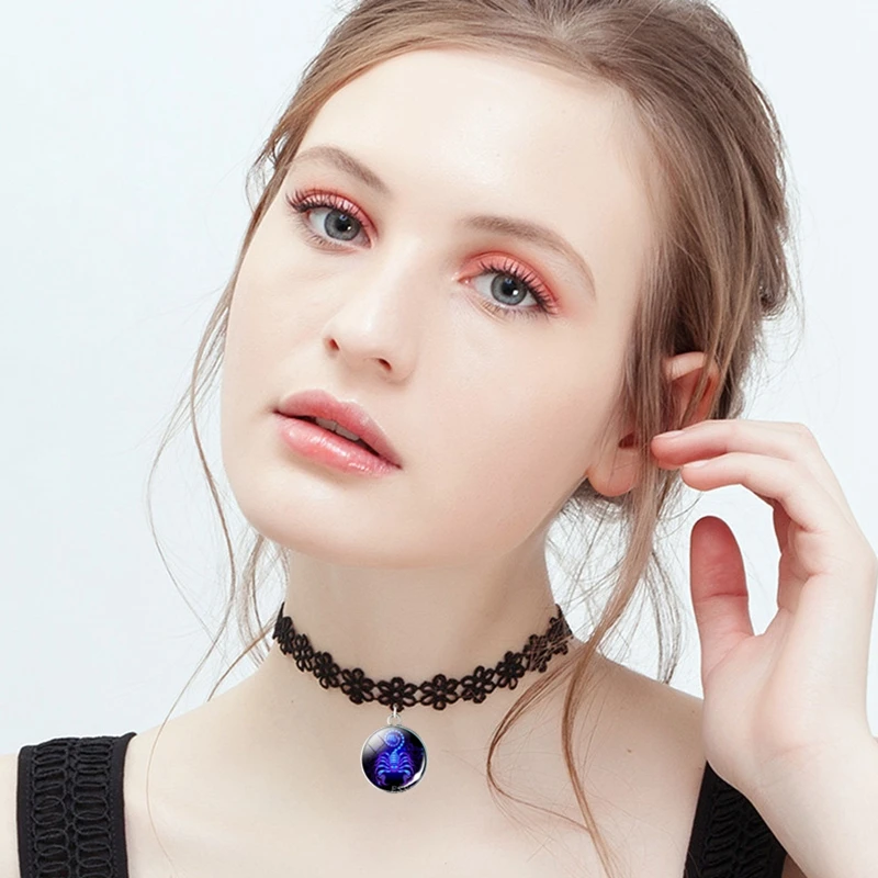 

12Constellation Scorpio Pendant Simple Black Lace Choker Necklace Female Lolita Clavicle Chain Short Neck Jewelry Birthday Gift