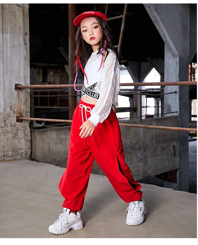 Детские костюмы для джазовых танцев, белые топы, красные брюки в стиле хип-хоп, одежда в стиле хип-хоп для девочек, современная одежда для бальных танцев DQS3356