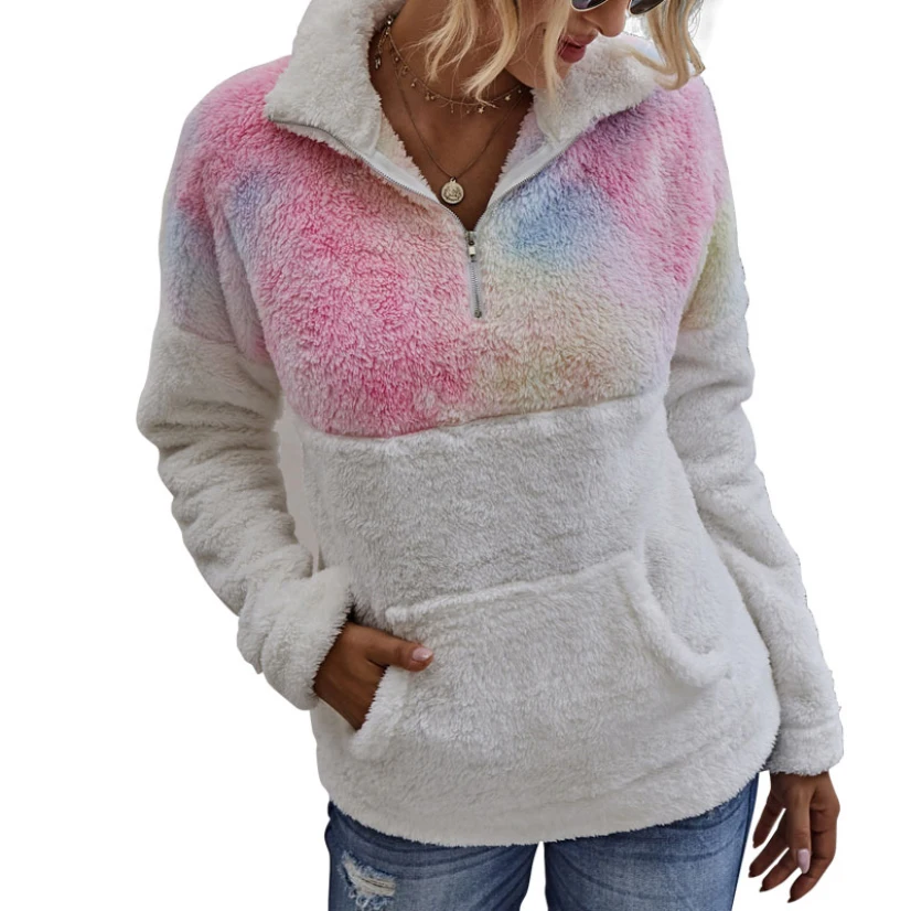 

New Tie Dye Women's Sweatshirts Patchwork Pullovers Autumn Winter 2020 Turn-down Collar Zipper Slim Street Daily Ladies Tops