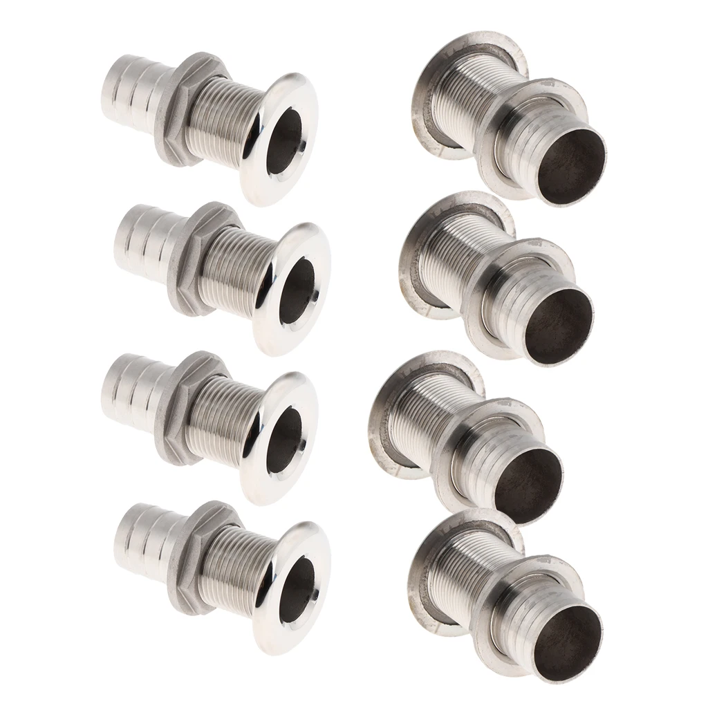 8x Boat Thru Hull Fitting/Drain 1-1/4 inch 1 inch Hose Barb, Marine Grade 316 Stainless Steel