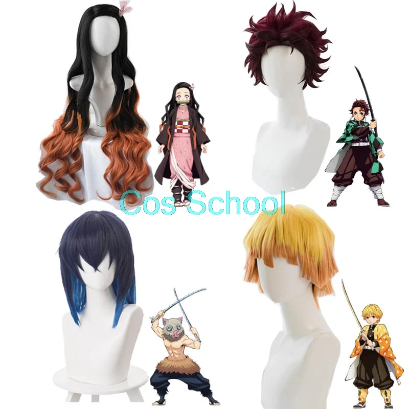 Cos School Demon Slayer Kimetsu no Yaiba Nezuko Tanjirou Kamado, парики Zenitsu Agatsuma для косплея, аниме, парик+ шапки