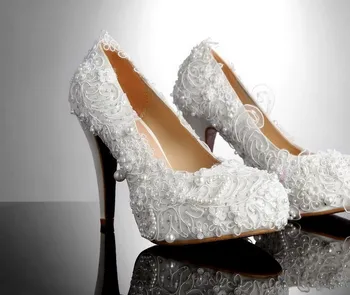 

2020 New Style High Heel Bridal Lace Round Toe Wedding Shoes Fashion Lady's Imitation Pearl Bridal Dress Shoes Shoes Women