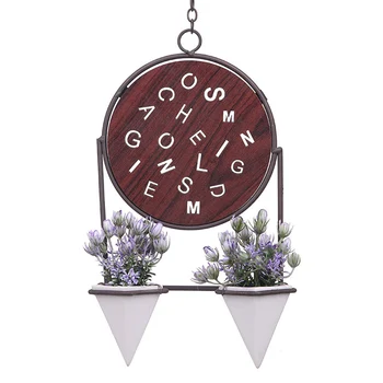 

Wall Hanging Flower Pot Wrought Iron Decorative Simulation Flower Pot European Style With Round Wood Board Decoration LB
