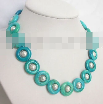 

huij 0033086 beautiful 20mm blue round coin Chrysocolla white pearls necklace