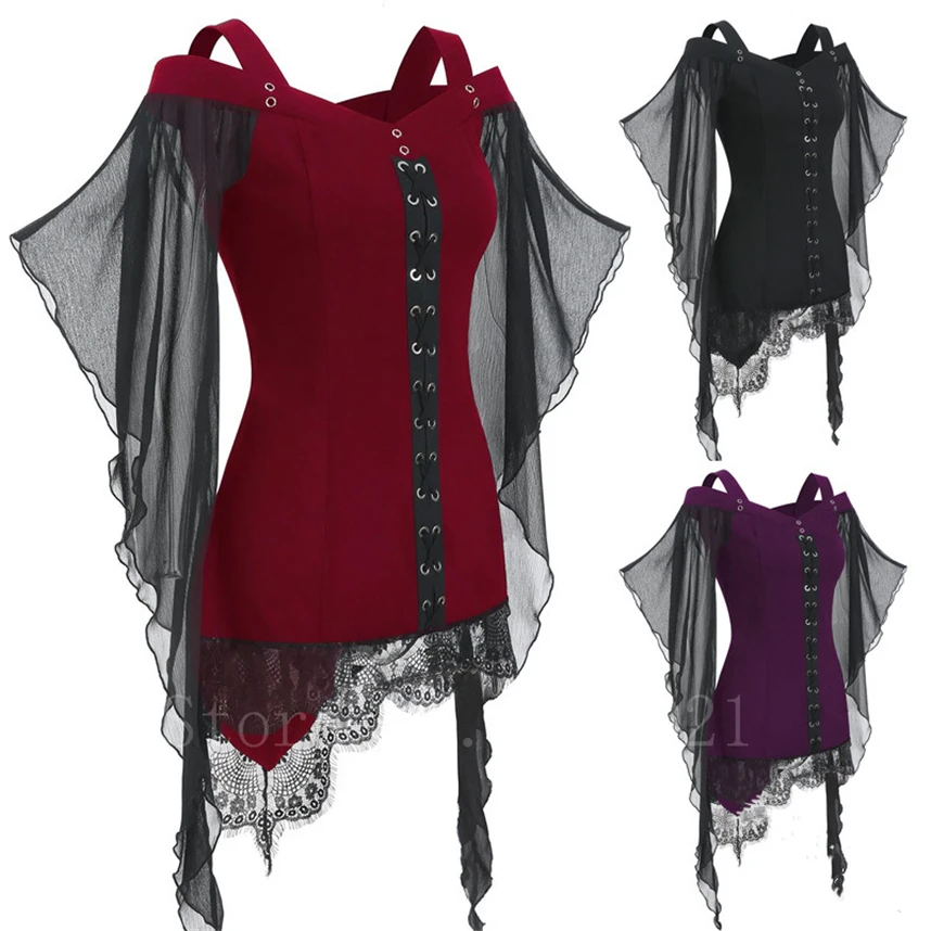 

Woman Medieval Halloween Costume Middle Age Renaissance Vintage Irregular Lace Chiffon Princess Dress Elelgant Slim Party Tops