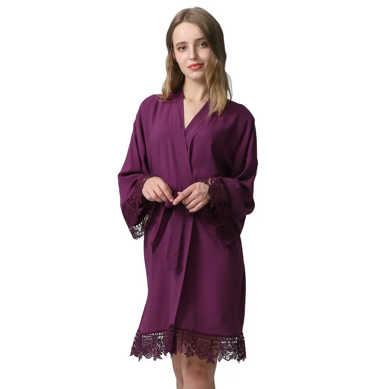 purple with print Обычай ваш текст сплошное хлопковое Кимоно Одежда для невесты w/кружевная отделка женское свадебное платье короткий пояс халат пижамы - Цвет: purple with print