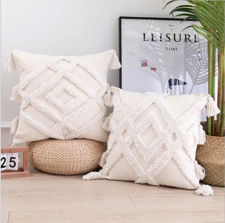 Beige Tassels Cushion Cover 30x50cm/45x45cm Embroidery Pillow Cover