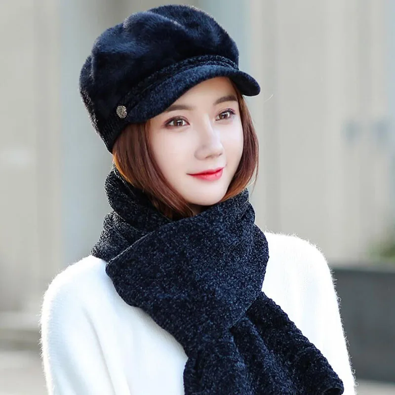 HANGYUNXUANHAO Women French Beret Hat Scarf Set Winter Warm Lady Hat Chenille Elegant Beanie Cap