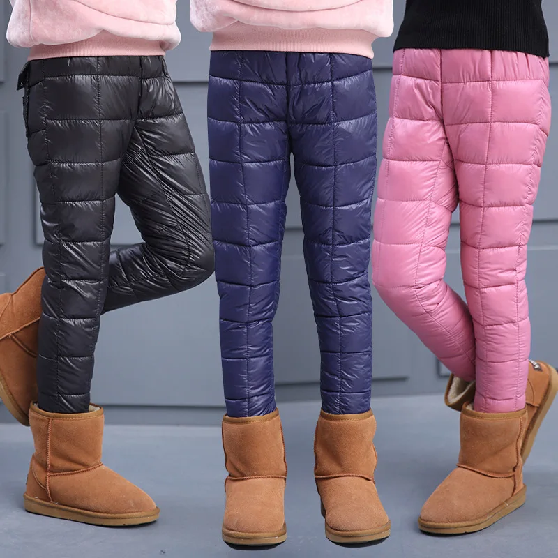 Зимние Пуховые хлопковые брюки для больших детей однотонные теплые длинные штаны для мальчиков и девочек От 3 до 12 лет, детская верхняя одежда, зимние леггинсы для девочек детская одежда