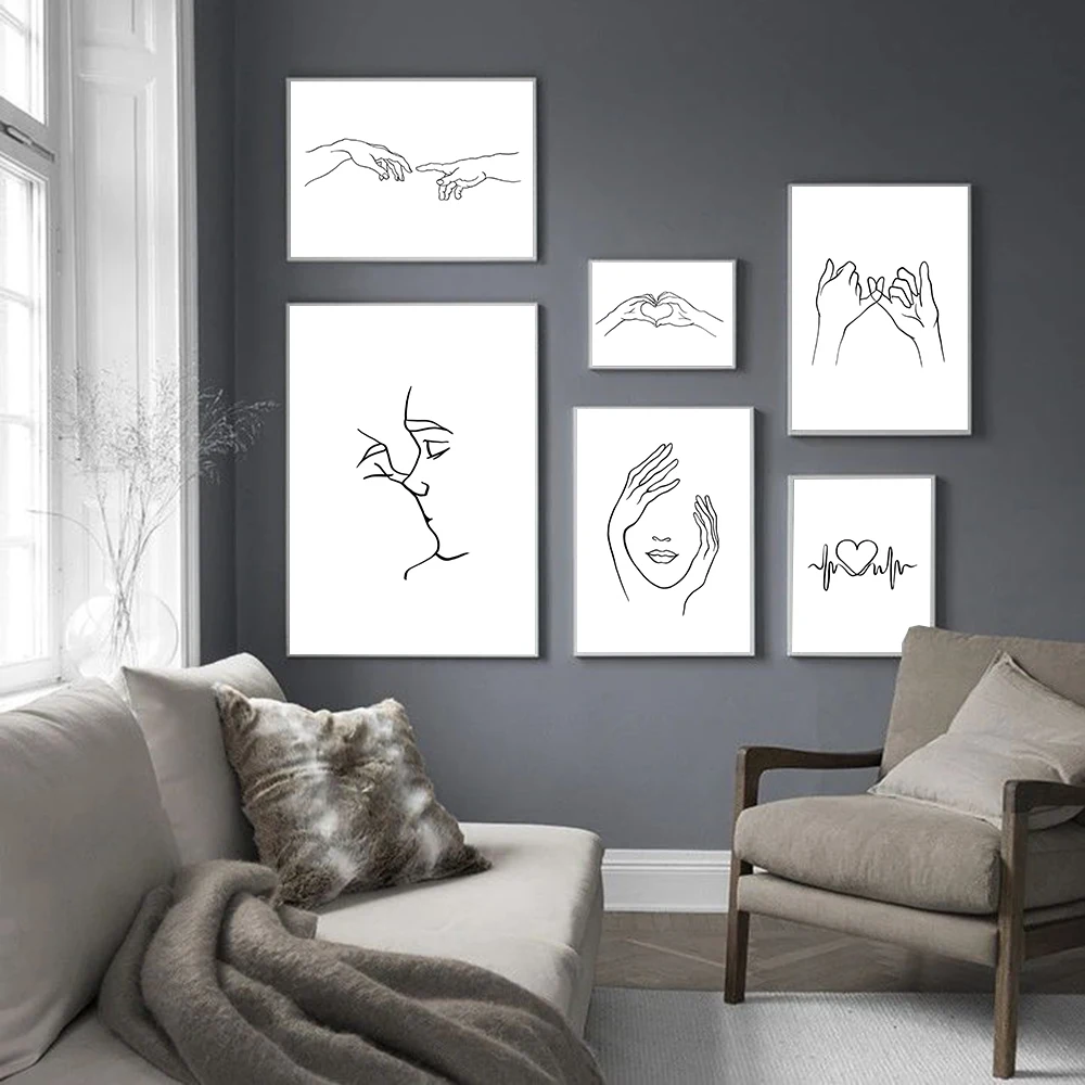 Настенная Картина на холсте с черными и белыми линиями поцелуй девушка руки
