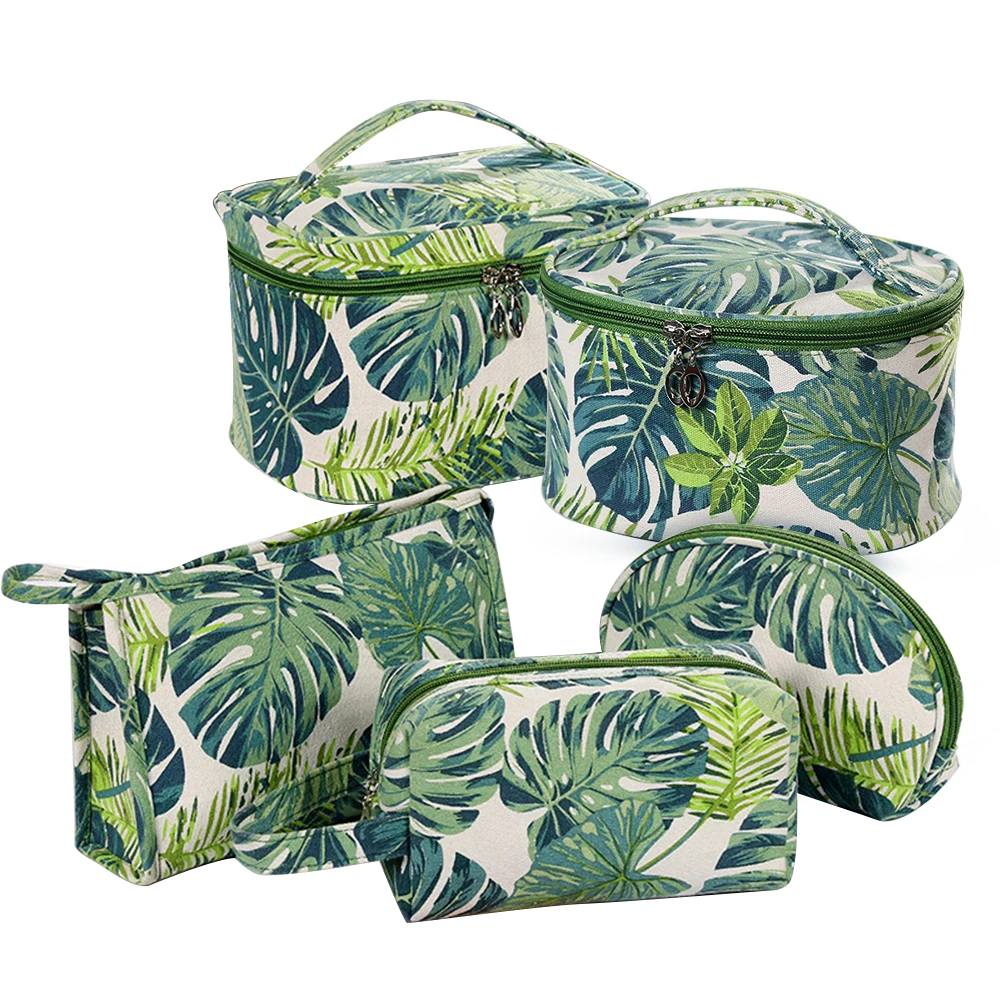 

Women's Canvas Storage Bag Green Leaves Pattern Toiletry Organizer Cosmetic Makeup Bags Travel Wash Bag Multifunction
