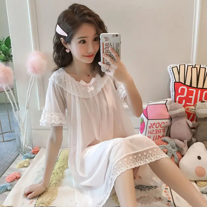 

Have with Chest Pad Nightgown Women's Sweet Cute Gauze Pure Cotton Spring And Summer Japanese-style Princess Style Lace Retro Th