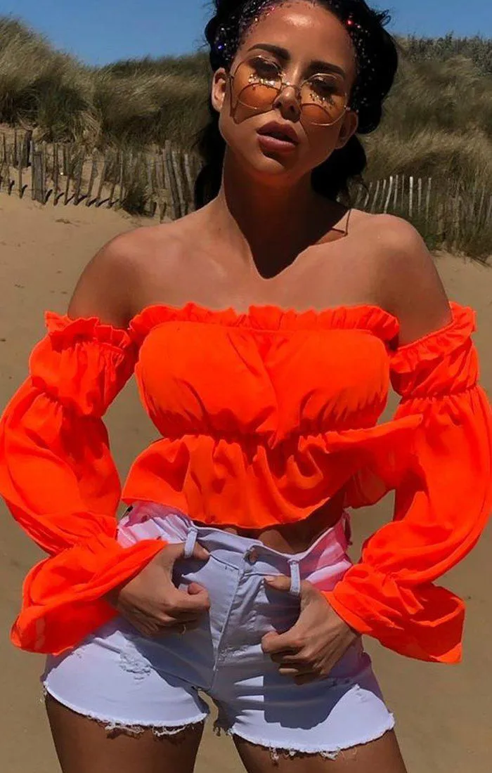 Women Chiffon Blouse Long Puff Sleeve Off Shoulder Crop Tops Blouses Loose Casual Shirts 2020 New Fashion Shirt Dropshipping white blouse for women