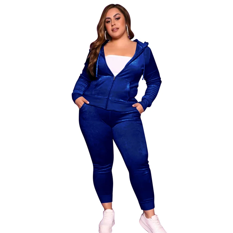 Longa com Capuz Topo e Calças Conjuntos de Correspondência Tamanho Grande Duas Peças Outfit Feminino Agasalho Manga Cor Pura Veludo Terno Lazer Roupas 19 Plus size Conjuntos